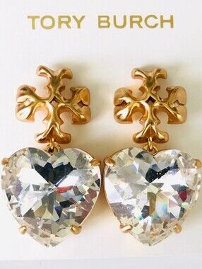 Tory Burch Gold-Tone Cross Motif Earrings with Clear Heart Crystals